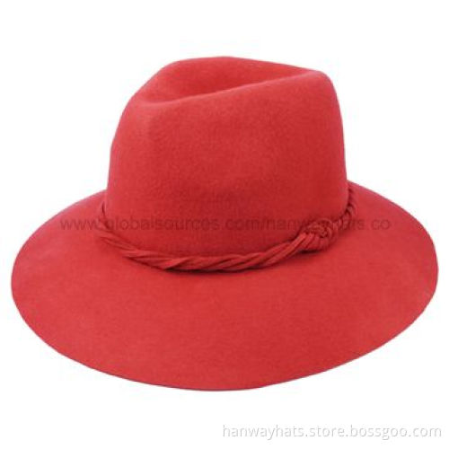 Fashion Ladies' Red Wool Felt Hat with Large Brim and Self Felt Twisted Band Trim